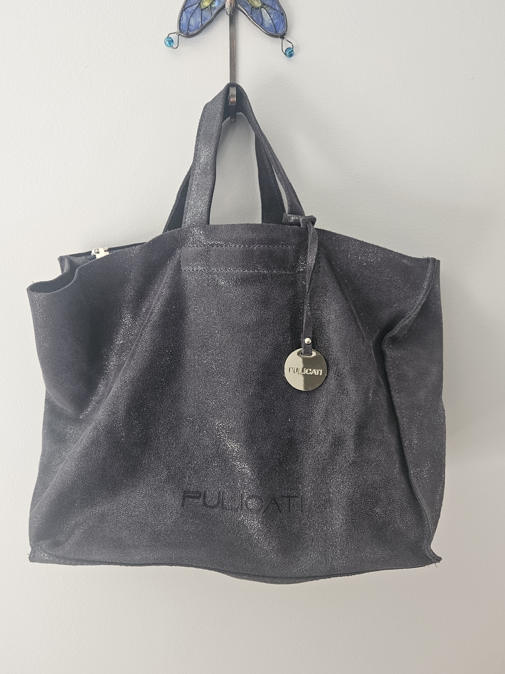Pulicati Black Suede Tote Bag with Branded Disc Charm